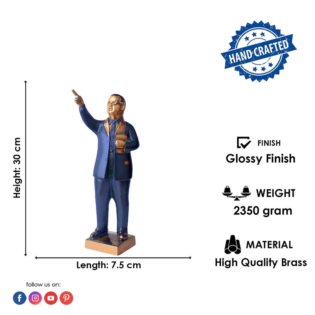 Dr. Bheem Rao Ambedkar with this 11.8-inch majestic idol, expertly crafted to honor his dedication to equality and social justice. Standing tall with pride, this idol captures Dr. Ambedkar’s unwavering commitment to uplifting the marginalized and promoting a just society.
