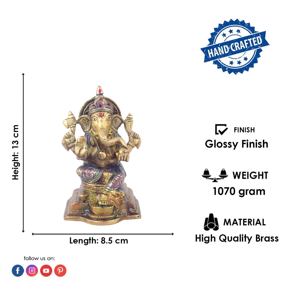The "5.1 Inch Divine Ganesh Idol" is a beautifully crafted statue symbolizing wisdom, prosperity, and the removal of obstacles. Standing at 5.1 inches tall, this idol captures the serene and auspicious presence of Lord Ganesha, the beloved Hindu deity known for bringing good fortune and success.