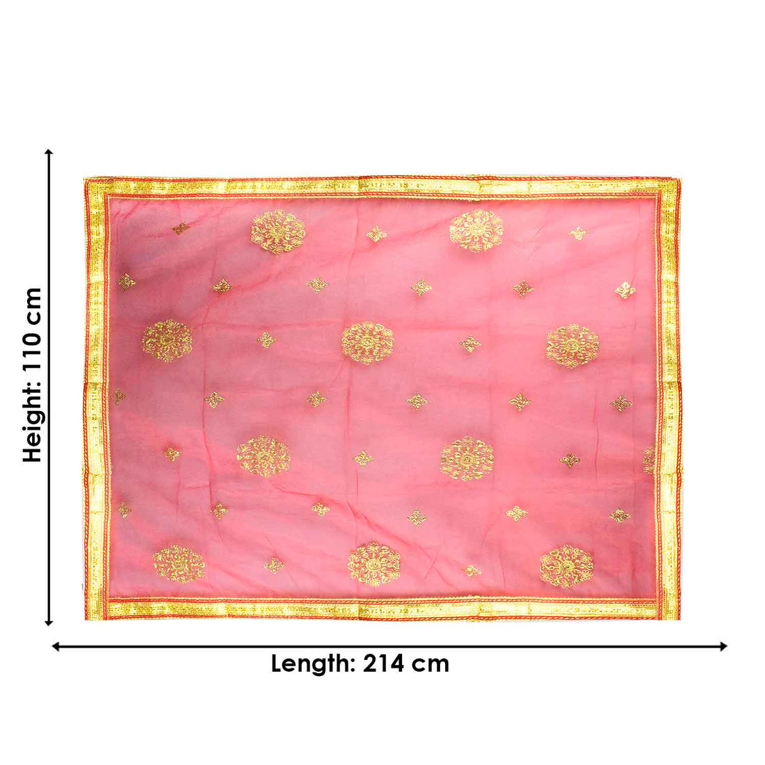 Sacred Mata Ki Chunri in red and gold, measuring 214 cm (84 inches) in length and 110 cm (43 inches) in height. This divine dupatta showcases an elegant design with golden floral circular motifs and small diamond-shaped patterns, representing spirituality and devotion. The shimmering fabric is enhanced with a rich golden border, making it perfect for pooja rituals, temple offerings, and festive celebrations.
Shop Matarani Ki Chunri, Mata Ki Chunni Online, and Big Size Chunni Online at Satvik Store. Get hig