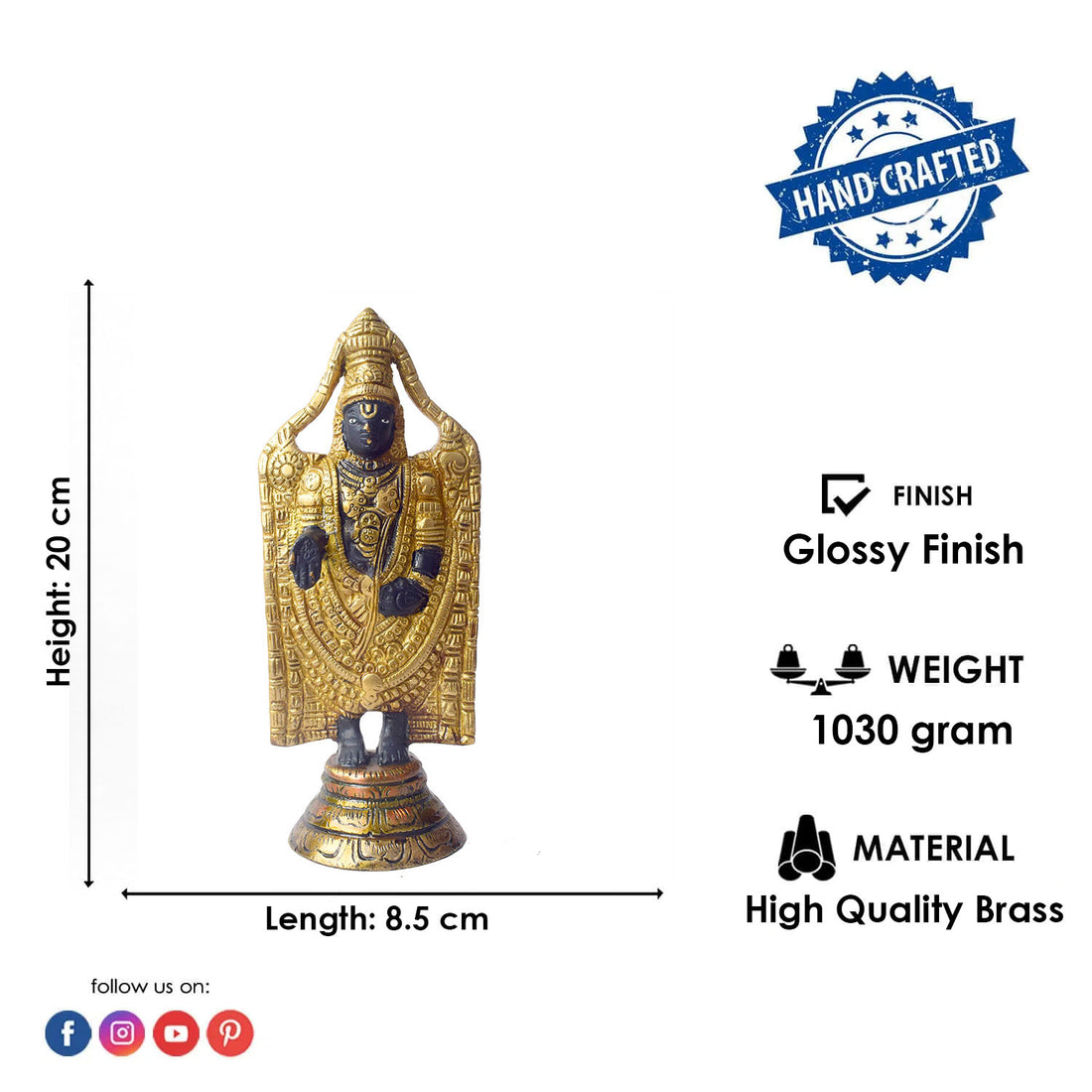 This 8-inch Tirupati Balaji sculpture beautifully captures the divine form of Lord Venkateshwara, radiating blessings of peace, prosperity, and devotion. Handcrafted with intricate details, this idol represents the sacred energy and compassion of the Lord, bringing a sense of tranquility to your space.