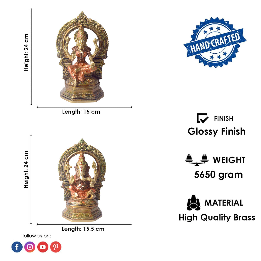 9.4 Inch Brass Lakshmi Ganesha Idol – A Symbol of Prosperity