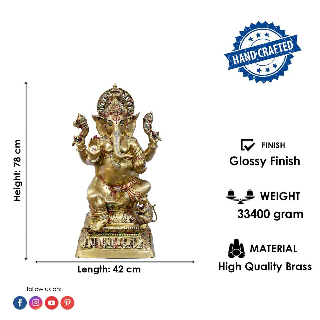 30 Inch Brass Seated Ganpati Idol with Glossy Finish | Best VIP Temple Gift