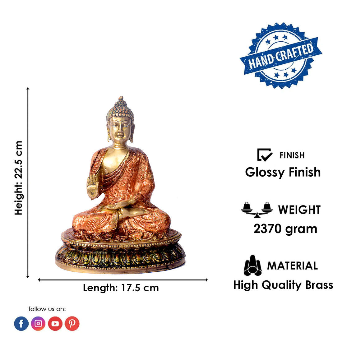 8.9 Inch Handcrafted Brass Buddha Statue for Spiritual Home Enhancement