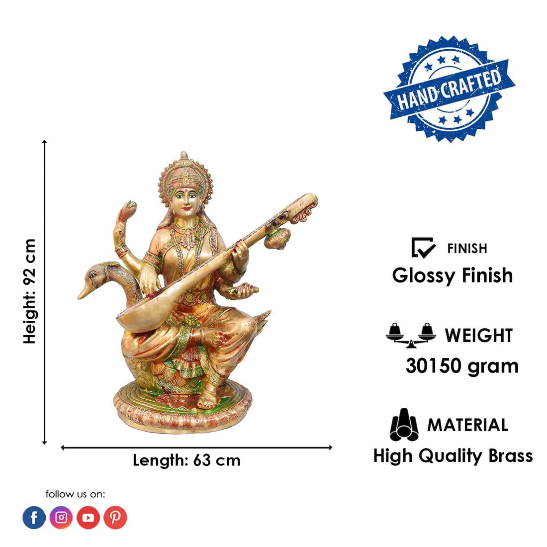 36 Inch Premium Goddess Saraswati Brass Idol – Antique Gold Finish