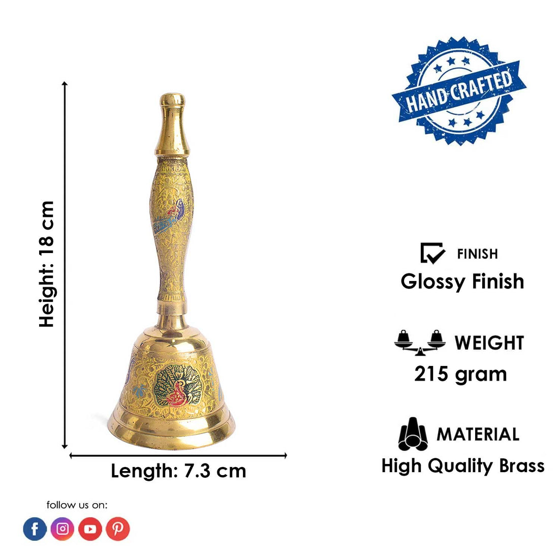 7 Inch Handcrafted Meenakari Brass Puja Bell (yellow)