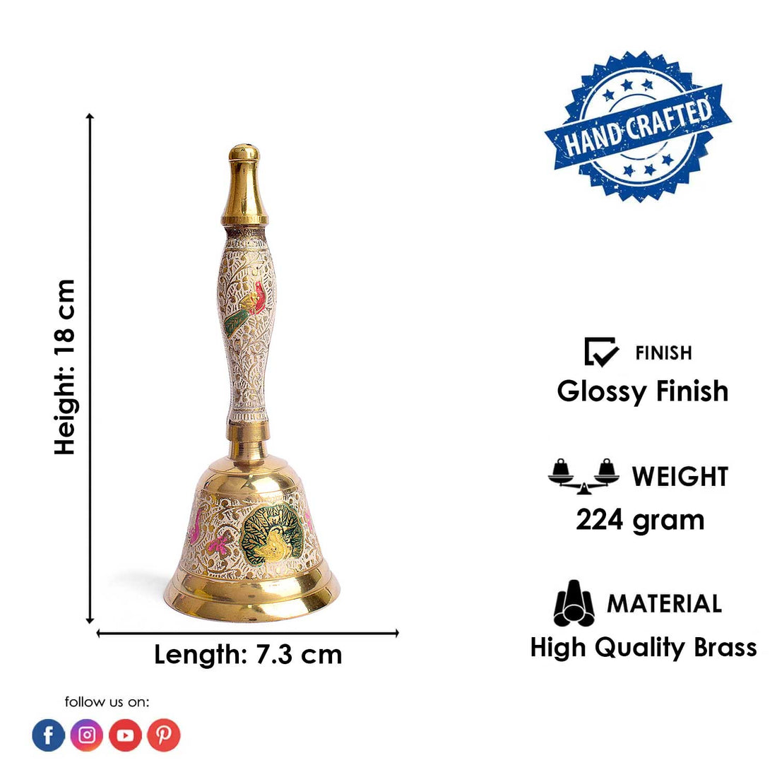 7 Inch Handcrafted Meenakari Brass Puja Bell (White)