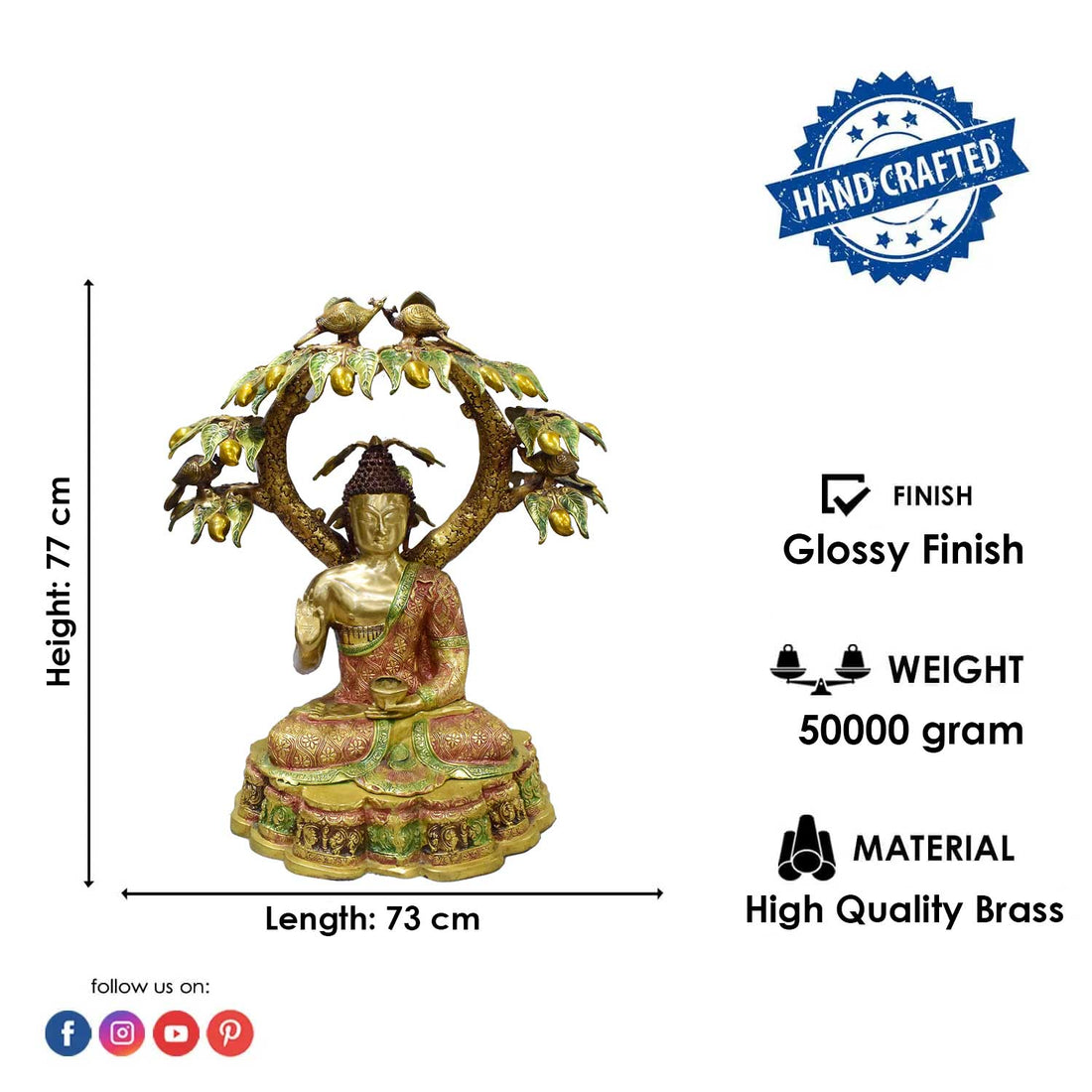 30 Inch Large Brass Buddha Under Mango Tree with Birds Statue