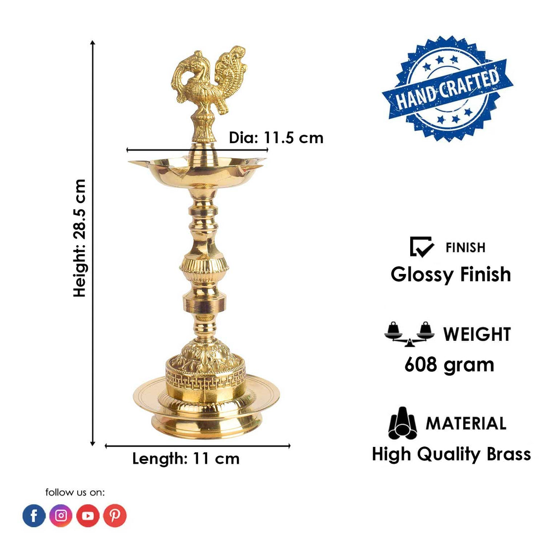 11 Inch 1 Step Embossed Peacock Kerala Stand Diya