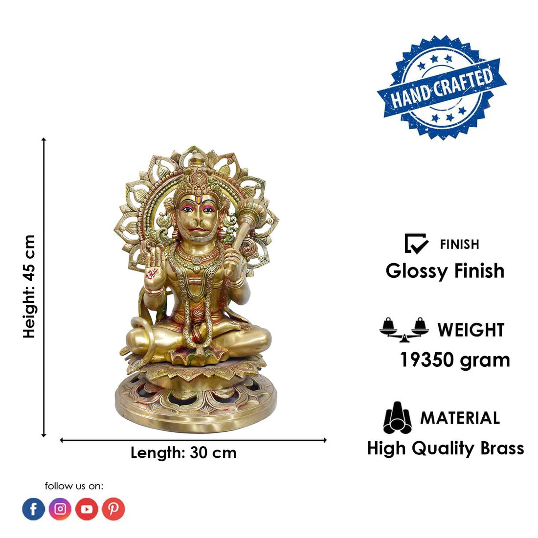 17 Inch Seated Brass Hanuman on Lotus Throne