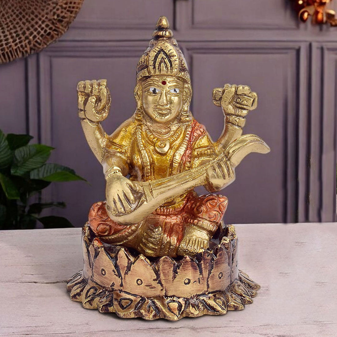 3.7 Inch Saraswati idol made of brass, ideal for home temple, study table, puja rituals, and thoughtful gifting, representing wisdom and learning. No.1 Brass Idol Store www.satvikstore.in