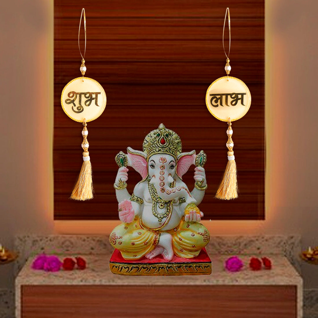 Resin Shubh Labh With Tassels Latkans 1Pair For Wall Decoration