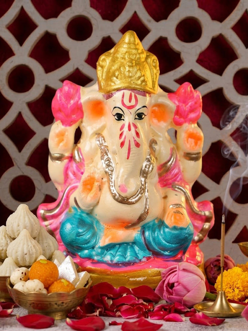 Eco Friendly Ganesha Idol with Pink Lotuses & Golden Mukut | India’s Largest Pooja Accessories Brand – www.satvikstore.in