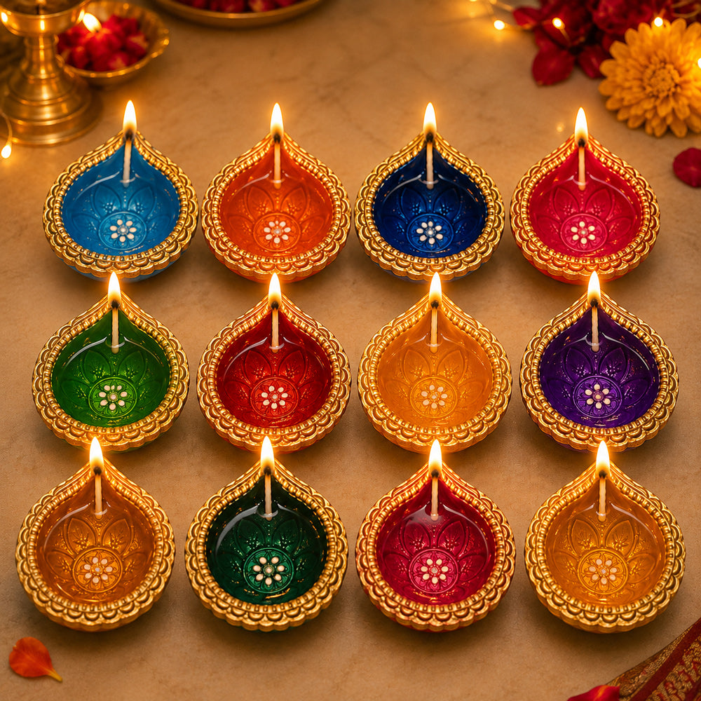 12 Pcs Hand-Painted Teardrop Multicolor Clay Diyas