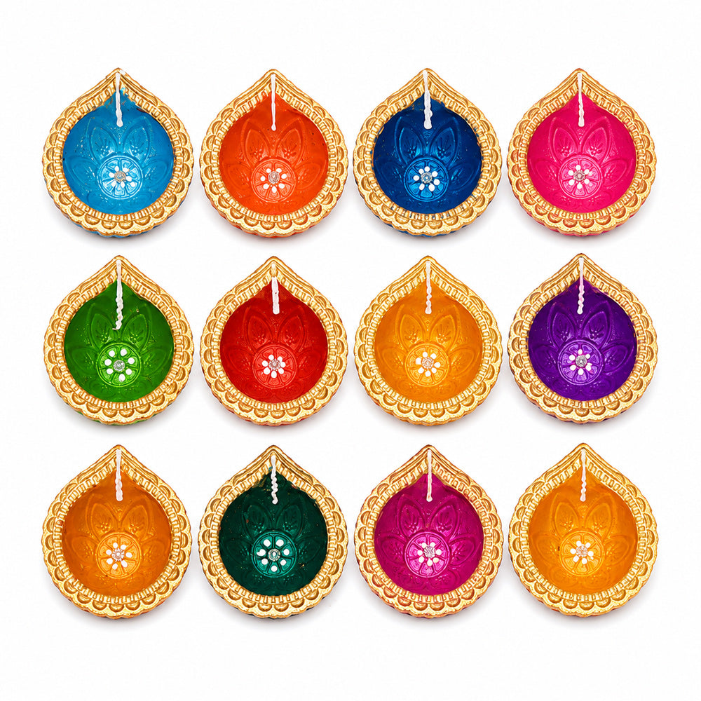 12 Pcs Hand-Painted Teardrop Multicolor Clay Diyas