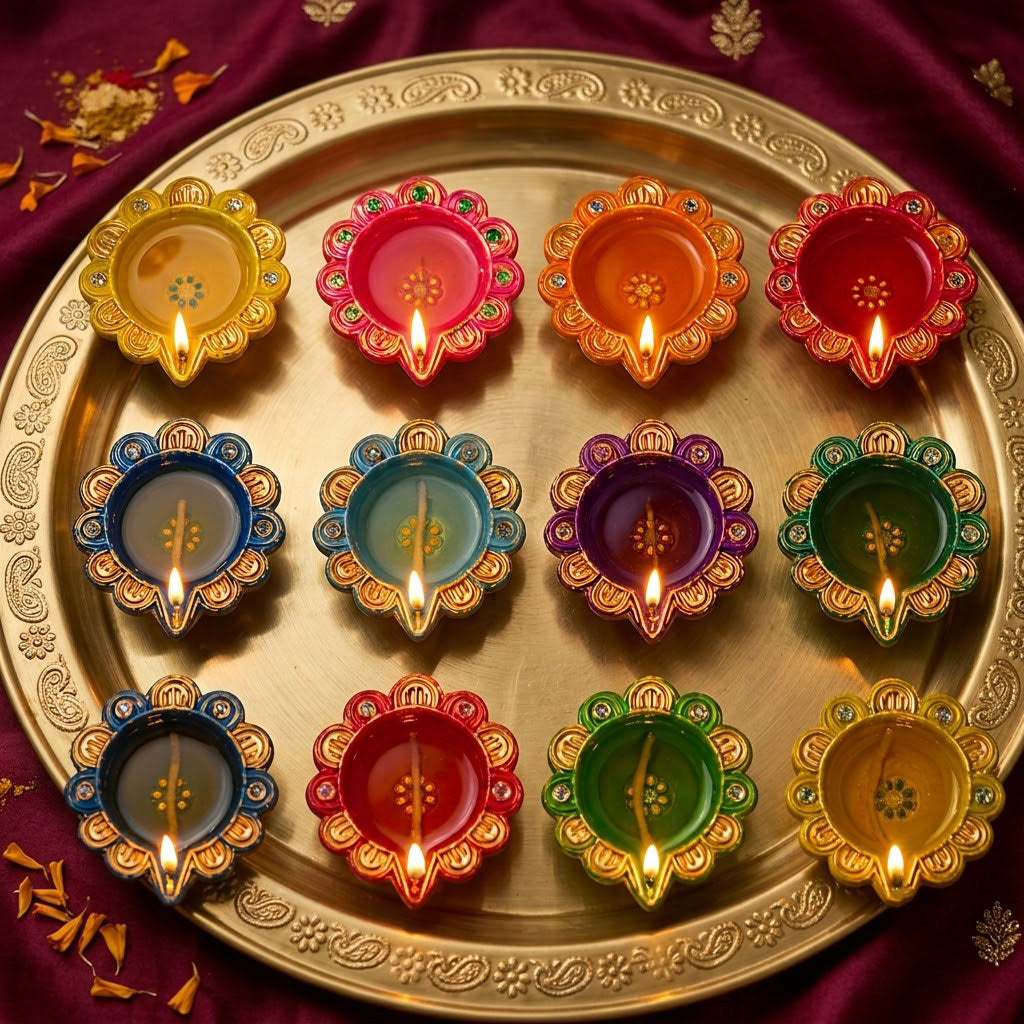 12 Pcs Handcrafted Floral Scalloped Diwali Clay Diyas