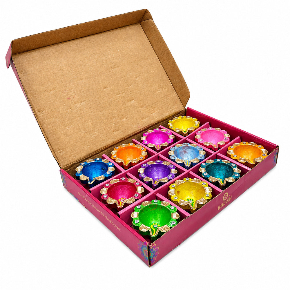 12 Pcs Handcrafted Floral Scalloped Diwali Clay Diyas