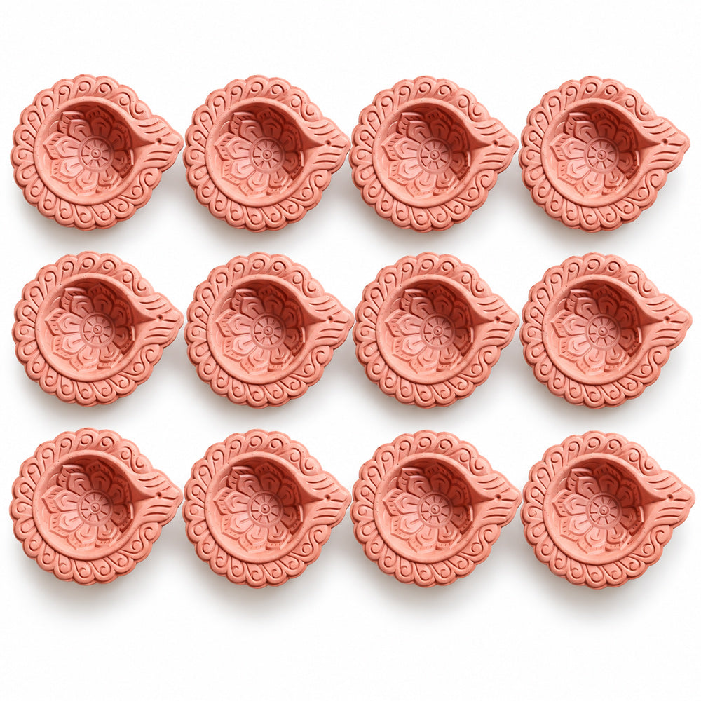 12 Pack Classic Lotus Pattern Earthen Clay Diya