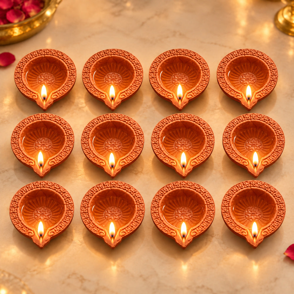 12 Pcs Traditional Clay Diya Set for Diwali Pooja