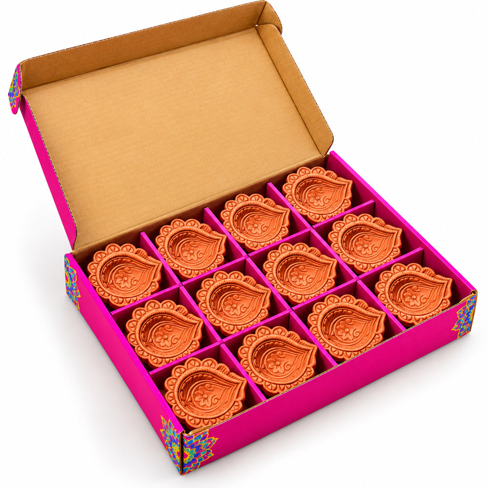 12 Pack Handmade Clay Paisley-Carved Teardrop Clay Diyas