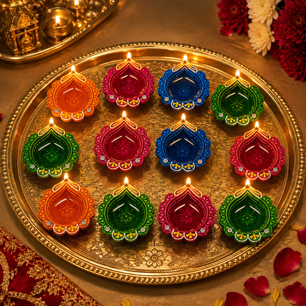 12 Pack Designer Multicolor Golden Crown Spout Clay Diyas
