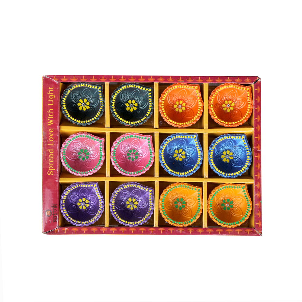 12 Pack Handcrafted Hand-Painted Terracotta Clay Diyas