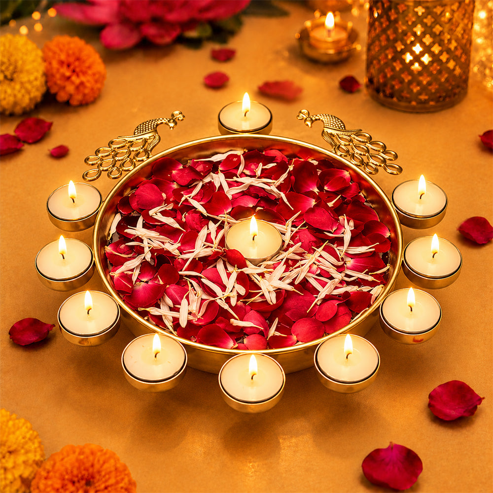 Decorative Metal Peacock Flower Urli with Tea Light