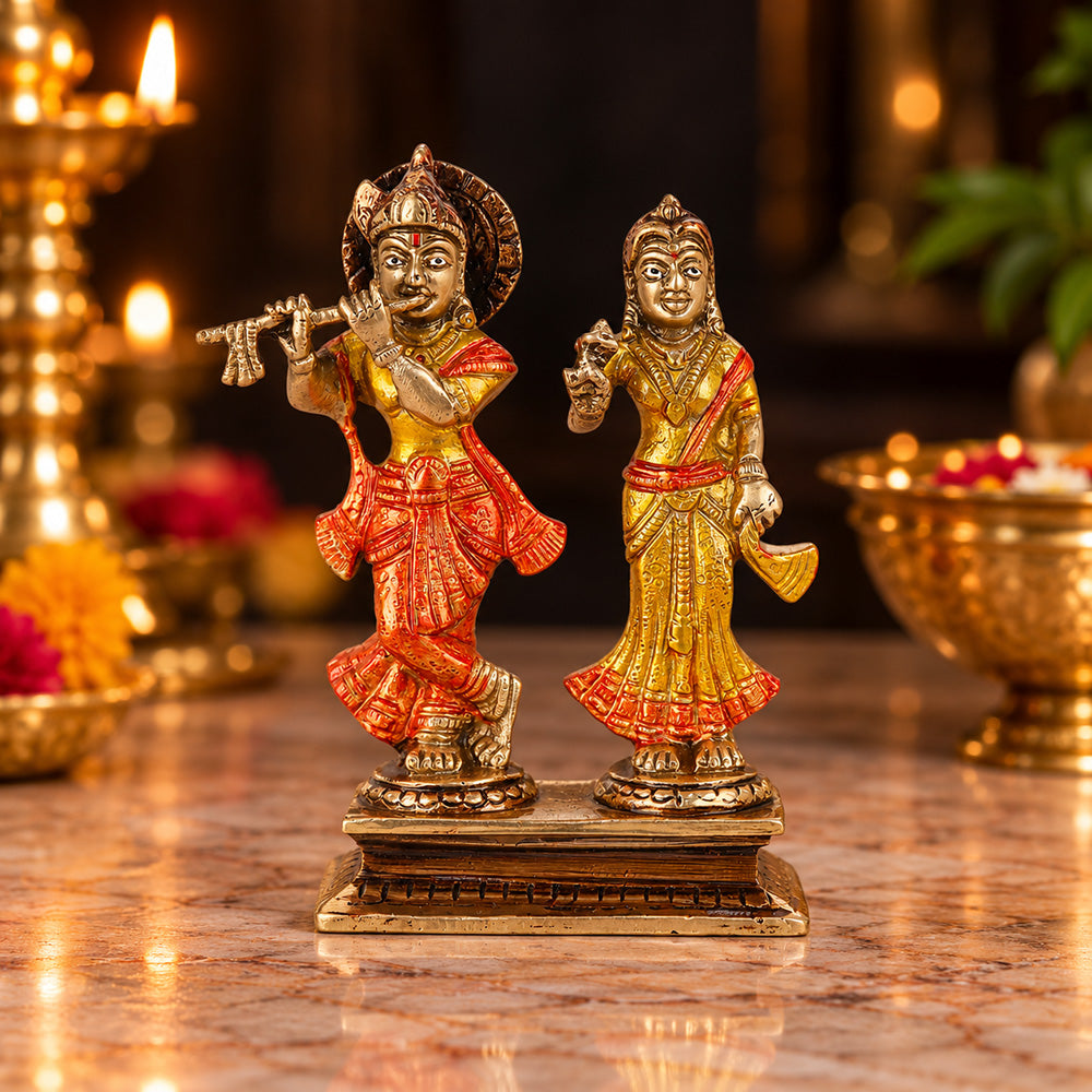 5.9 Inch Gorgeous Radha Rani And Krishna Kanhaiya Colorful Brass Idol
