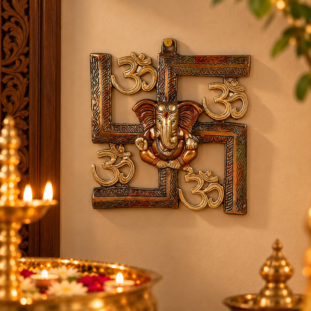 7.6 Inch Alluring Pure Brass Om Swastik Ganesh Wall Hanging
