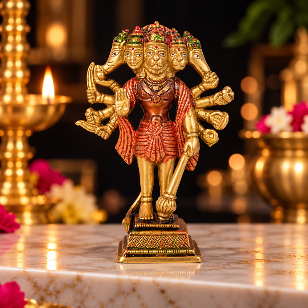 6.4 Inch Exquisite Brass Panchmukhi Hanuman Standing Idol