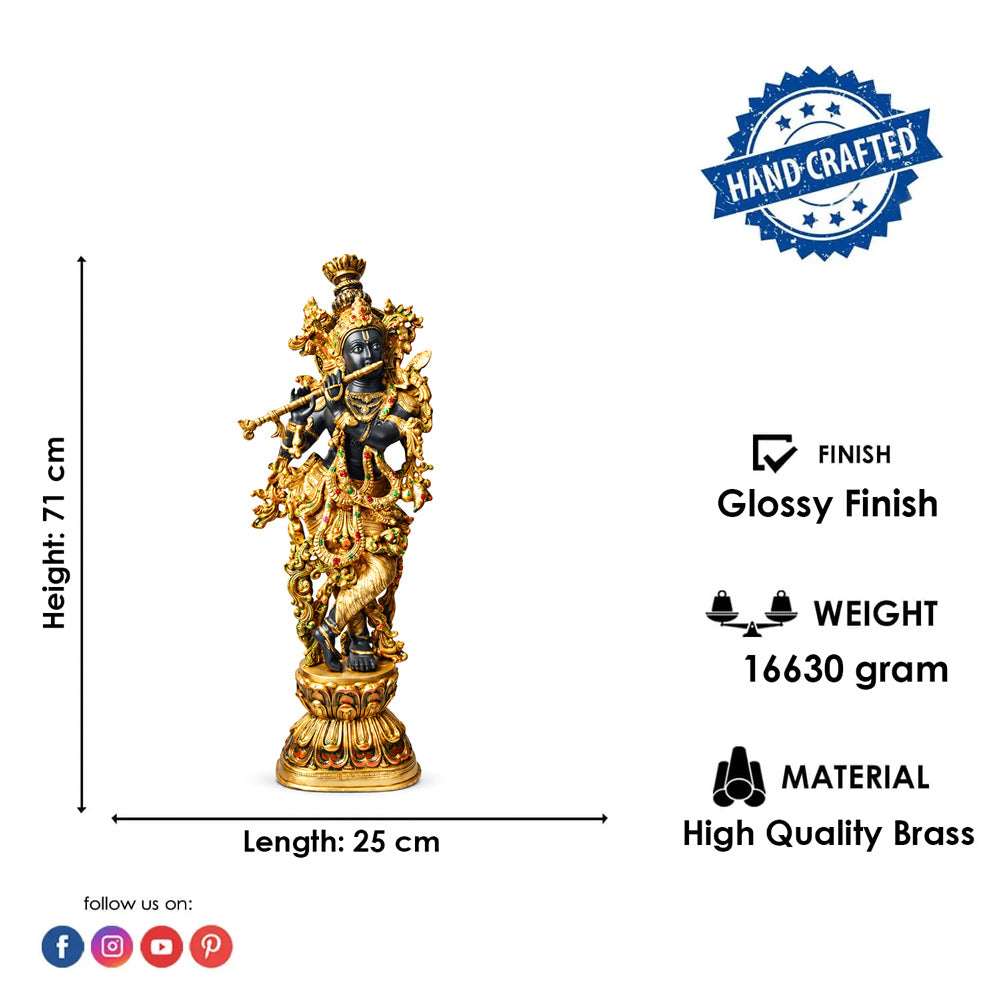 28 Inch Brass Krishna Sculpture with Artistic Detailing
