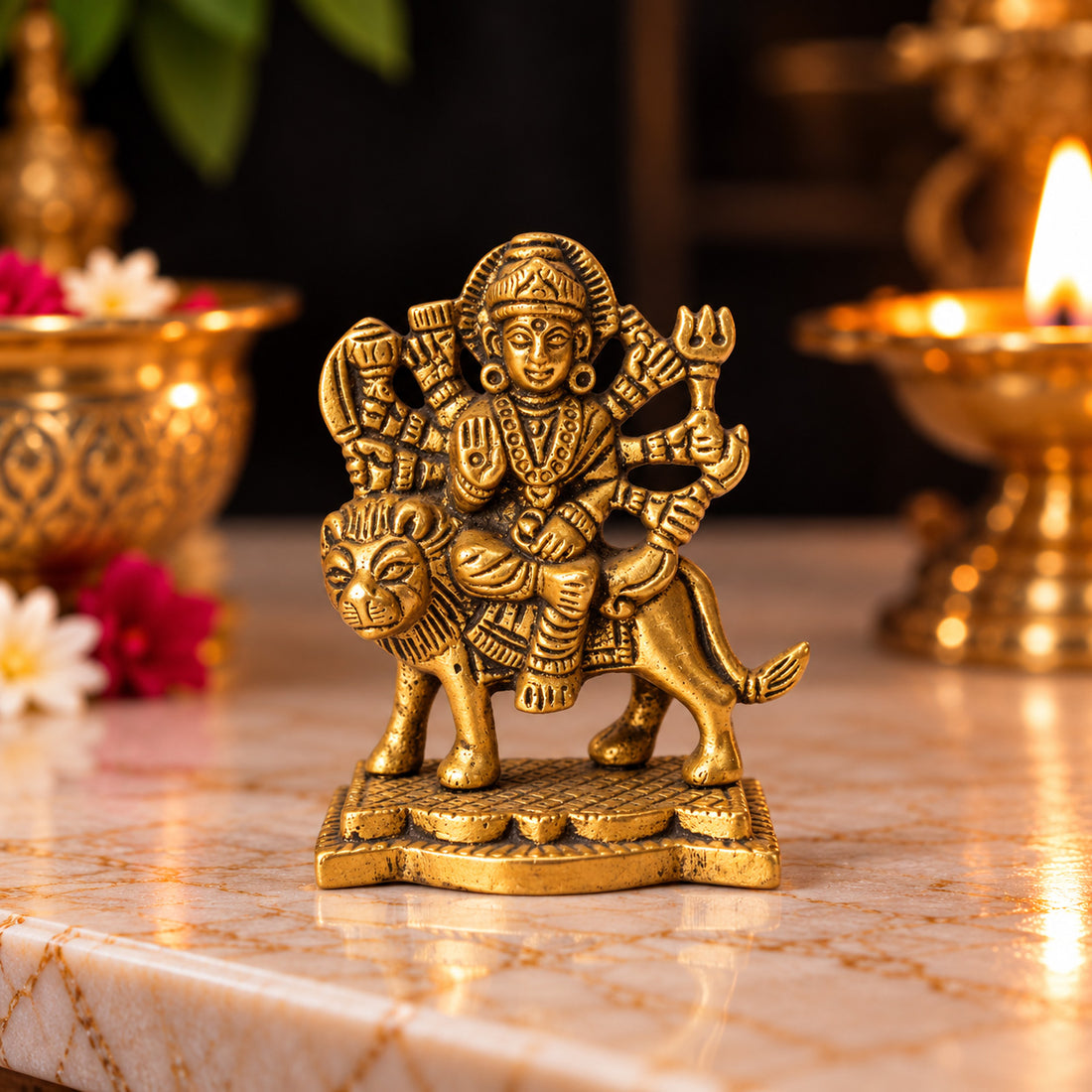 3.1 Inch Brass Sherawali Mata Idol with Base