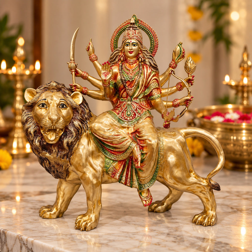 26 Inch Powerful Brass Durga Riding Lion Statue
