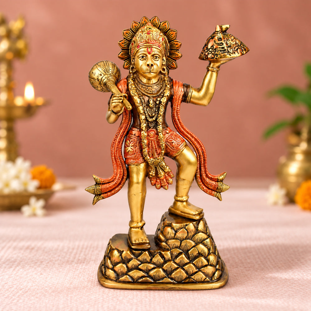 14 Inch Brass Lord Hanuman Carrying Sanjeevani Mountain