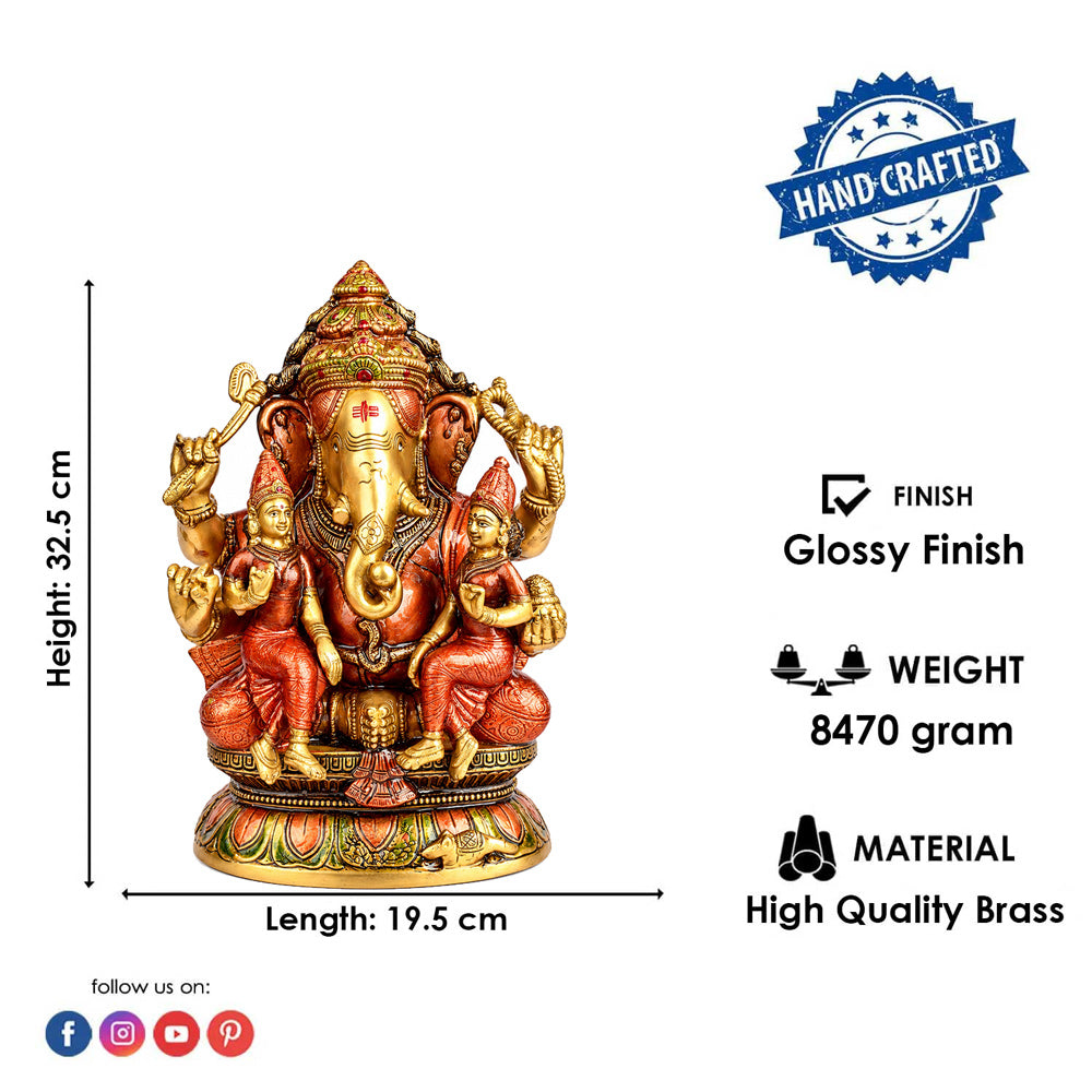 12.8 Inch Lord Ganesha Brass Statue with Riddhi Siddhi