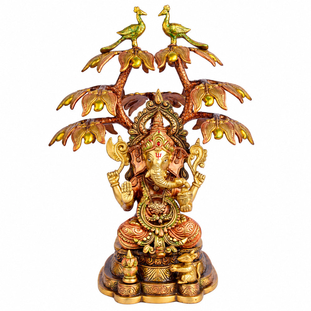 16.5 Inch Lord Ganesha with Peacock Tree Brass Idol