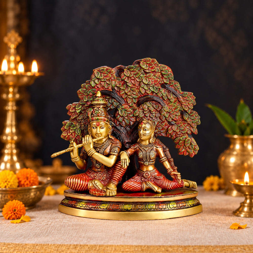 11.8 Inch Shree Radha Krishna Sitting Under Tree Brass Statue