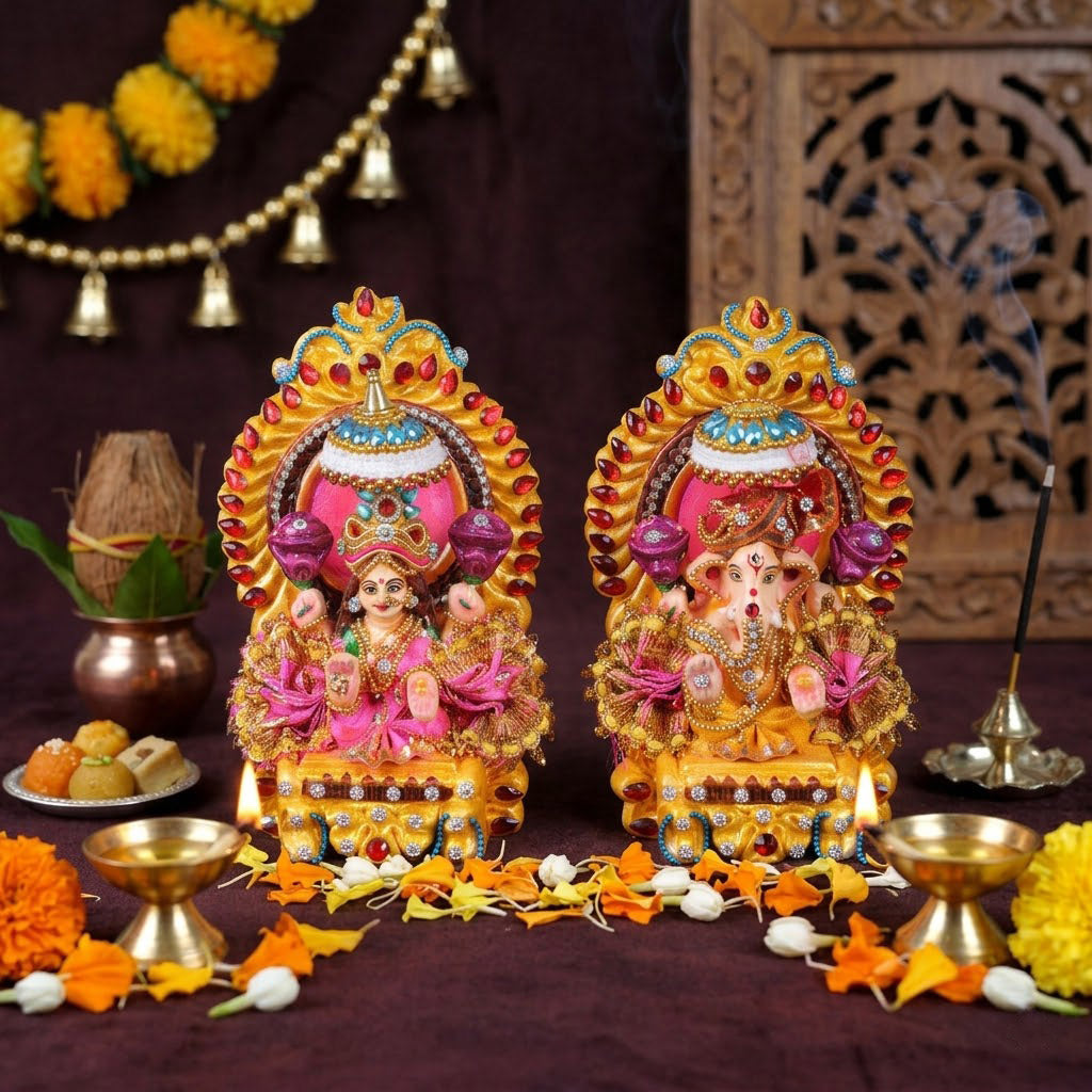 Decorated Clay Lakshmi Ganesh Idol with Stone Work Dress