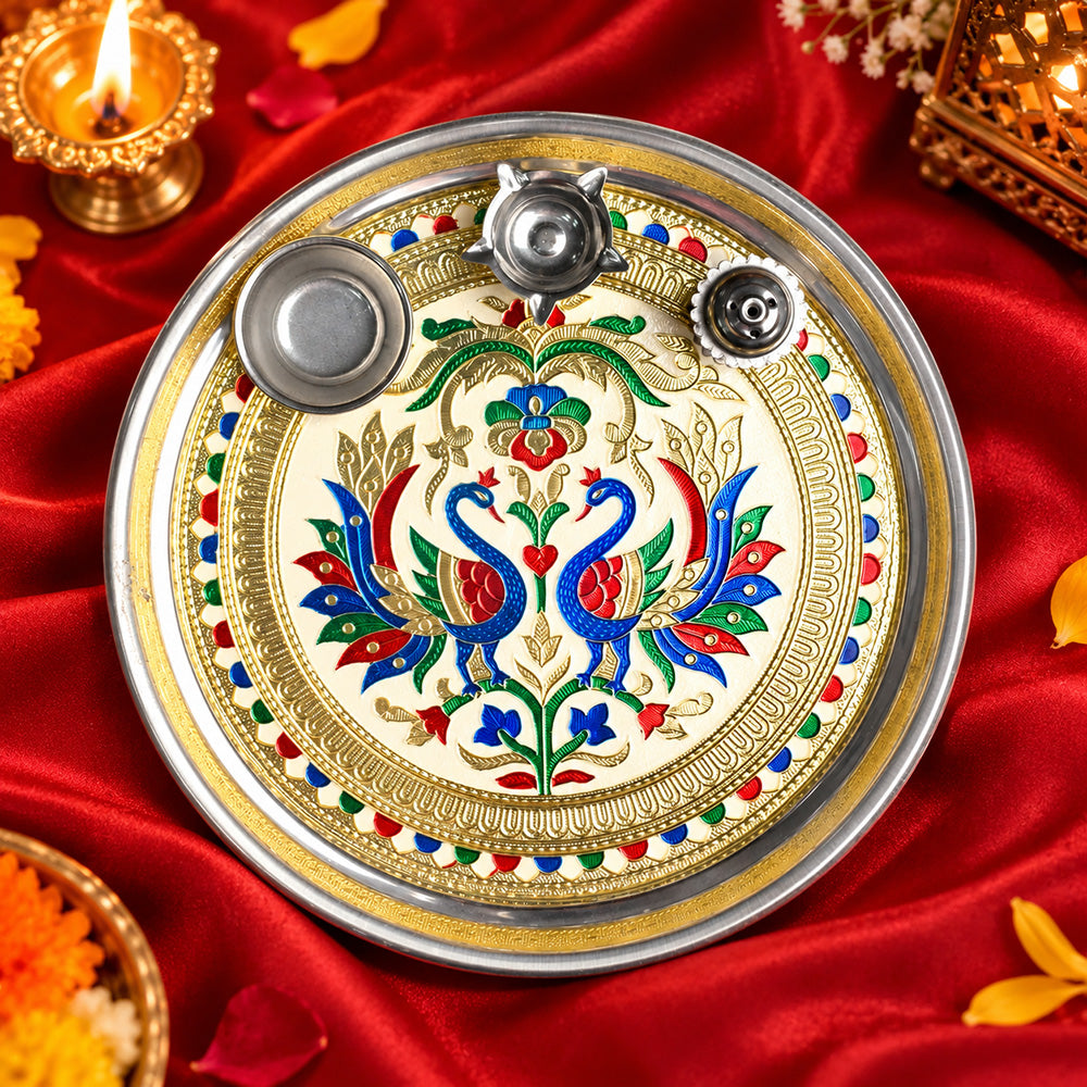 Stainless Steel Printed Aarti Thali Set - Divinity Defined