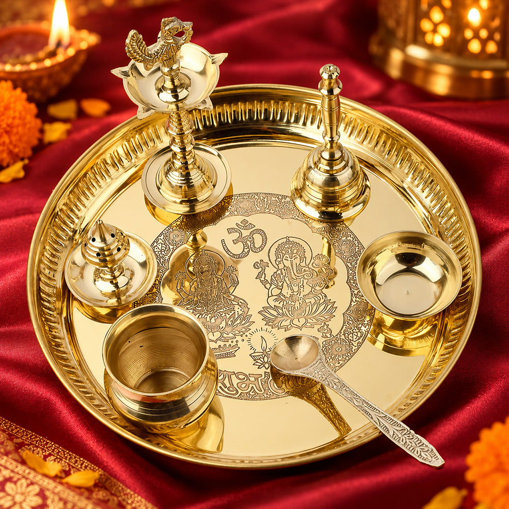 7 Piece Brass Laxmi Ganesh Pooja Thali Set (9 Inch) Design 3