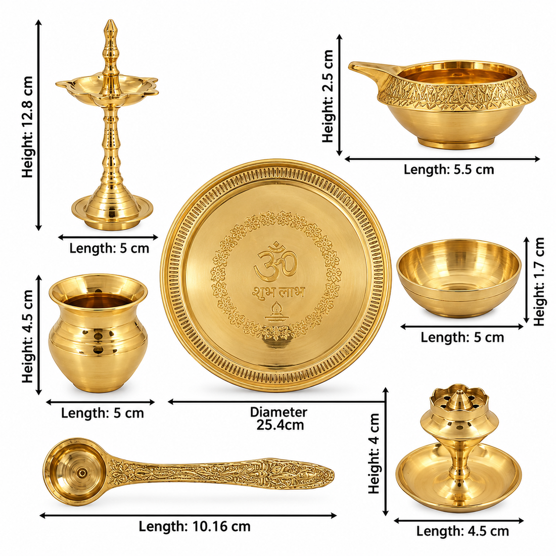 7 Piece Brass Om Shubh Labh Pooja Thali Set (9 Inch - 10 Inch) Design 5