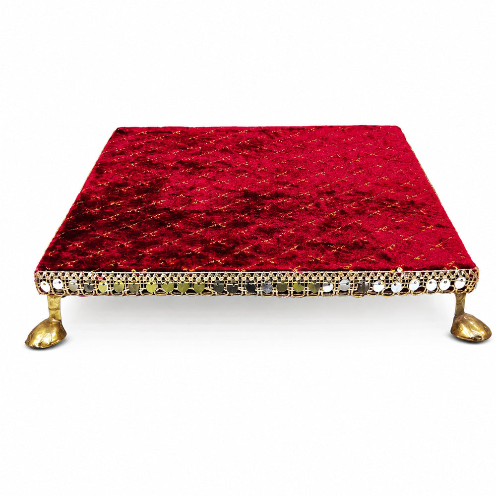 Handcrafted Red Velvet Wooden Pooja Chowki with Mirror Lace