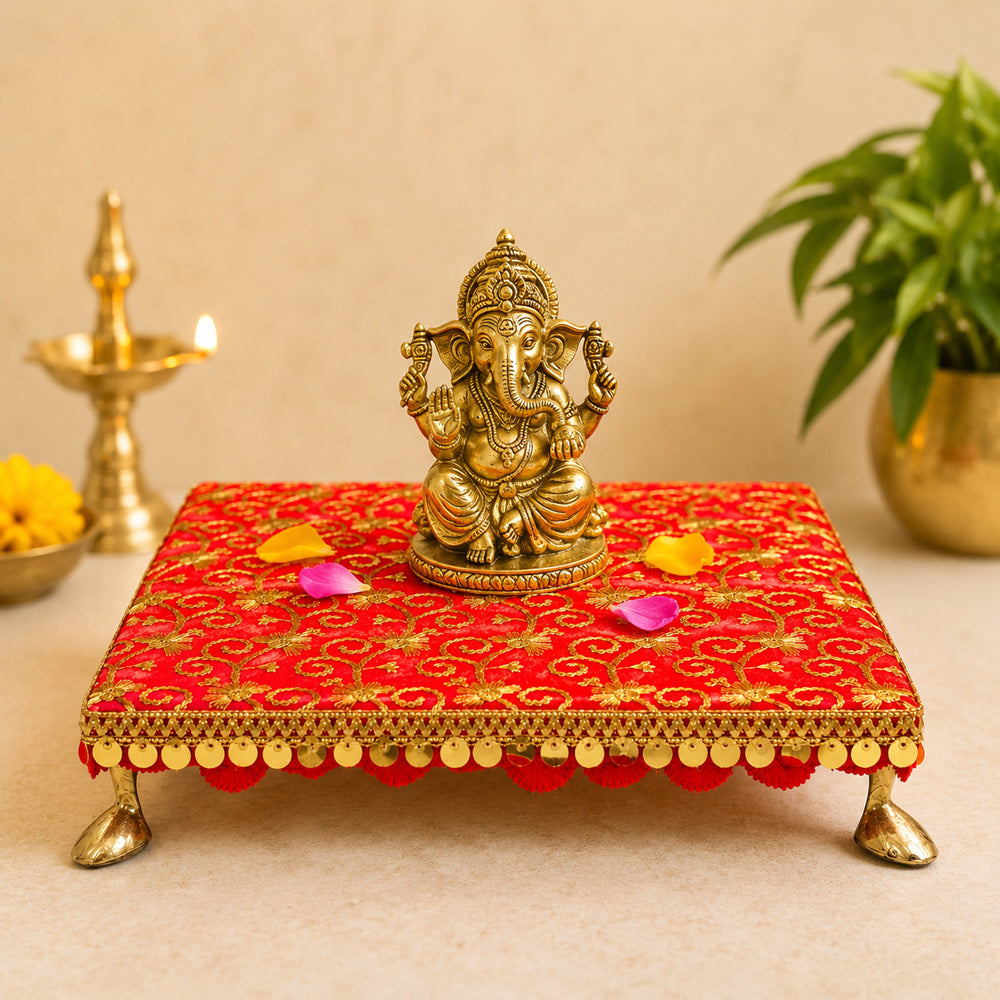 Handcrafted Red Brocade Pooja Chowki with Gold Zari Embroidery