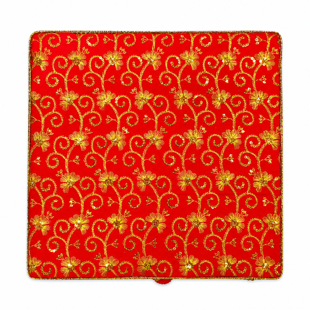 Handcrafted Red Brocade Pooja Chowki with Gold Zari Embroidery