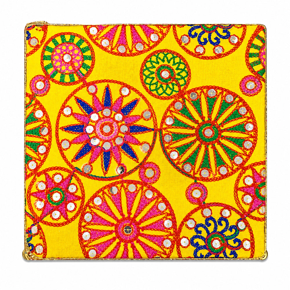 Premium Handcrafted Yellow Fabric Wooden Pooja Chowki