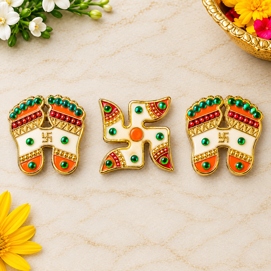 Sparkling White charan Paduka and Swastik Diwali Stickers Set of 3