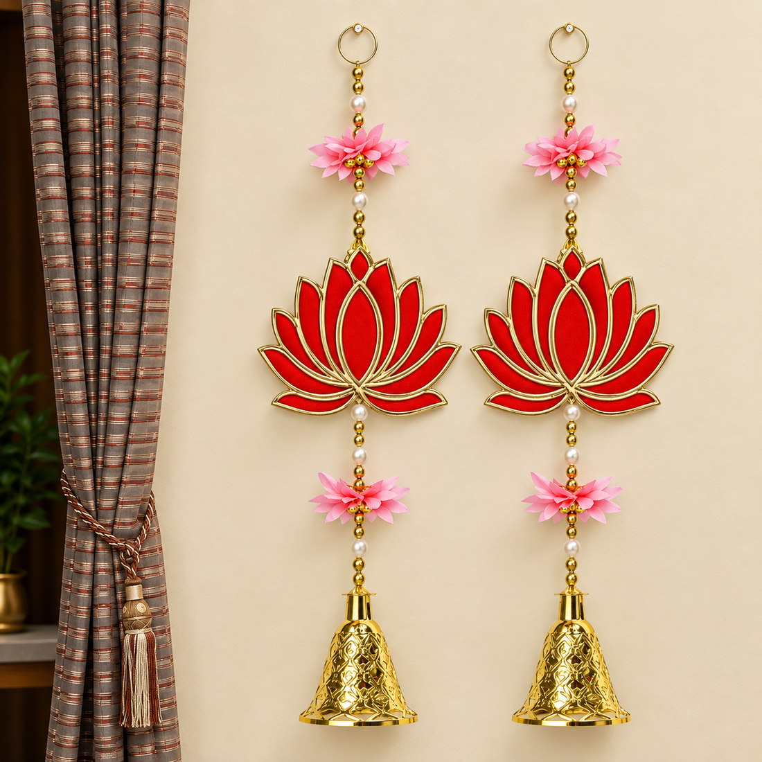 Attractive 1 Tier Lotus with Bells Wall Hanging Backdrop (1Pair Latkans) For Wall Decoration