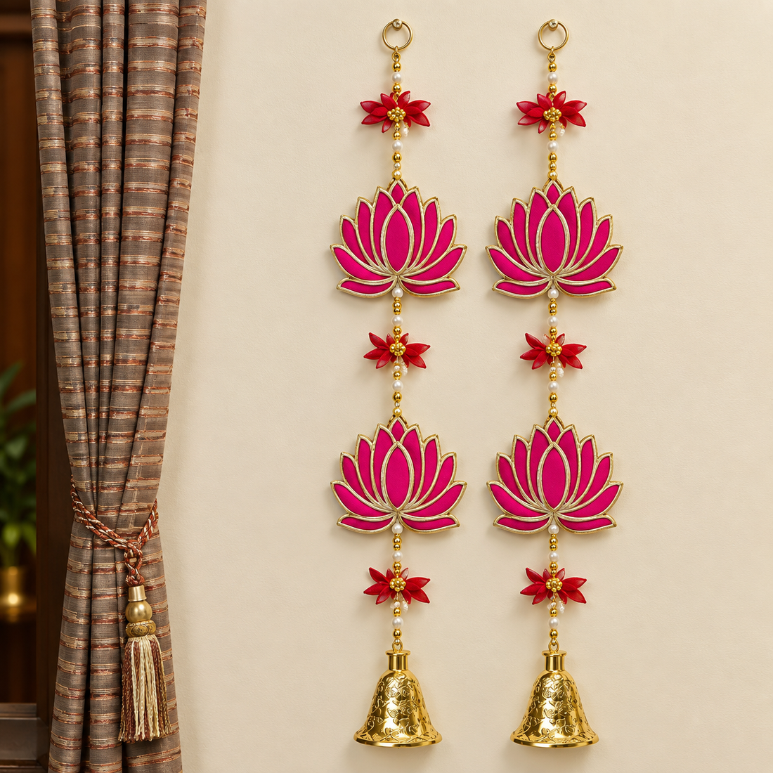Attractive 2 Tier Lotus with Bells Wall Hanging Backdrop (1Pair Latkans) For Wall Decoration