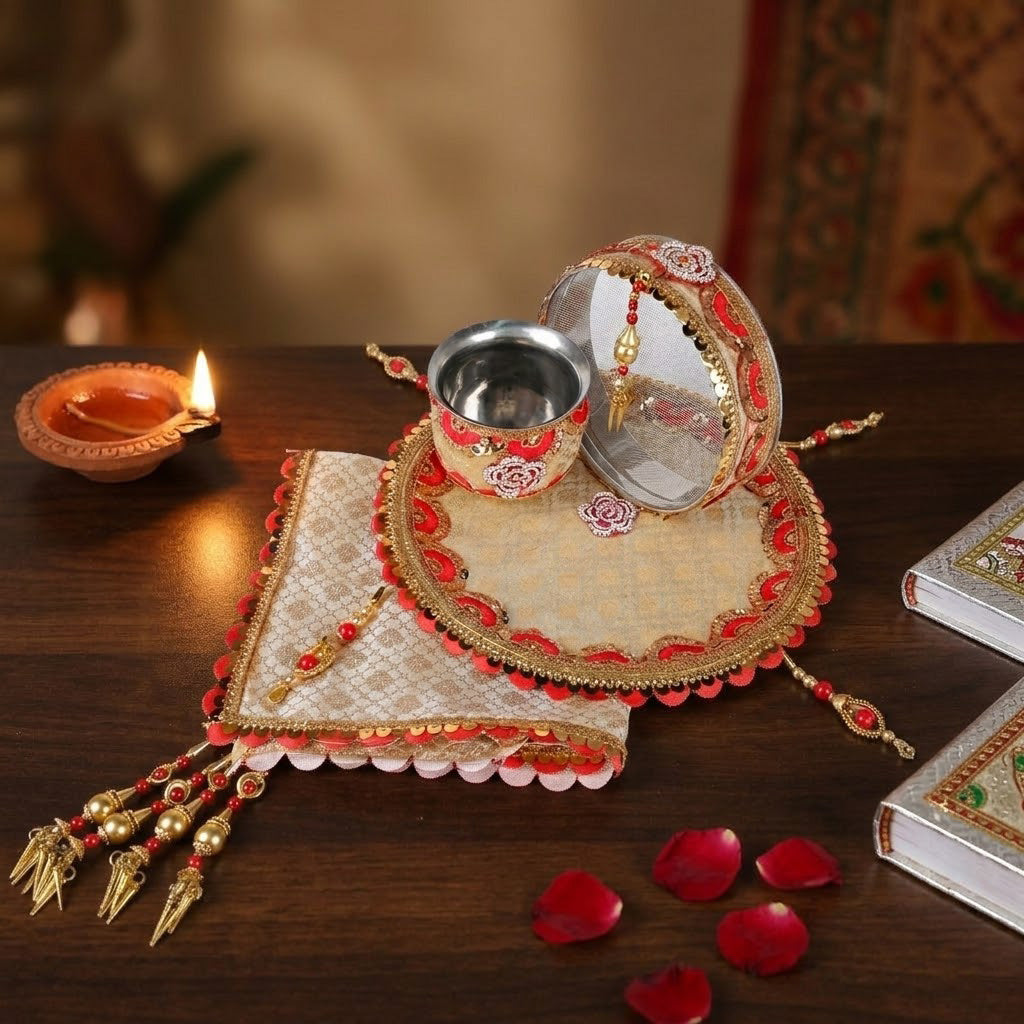 Golden Floral Karwa Chauth Thali Set | Indiaโs Largest Pooja Accessories Brand โ www.satvikstore.in