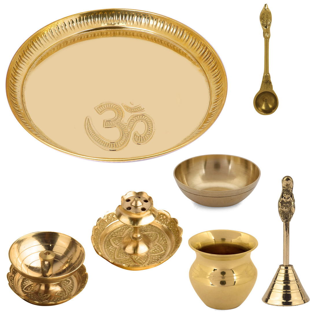 7 Piece Brass OM Pooja Thali Set (9 Inch) Design 10