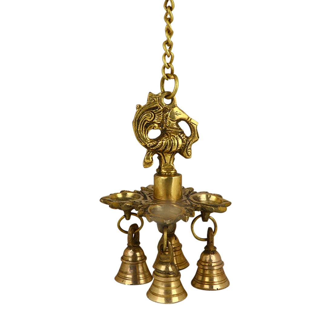 Brass Chaumukh Peacock Hanging Diya with Bells
